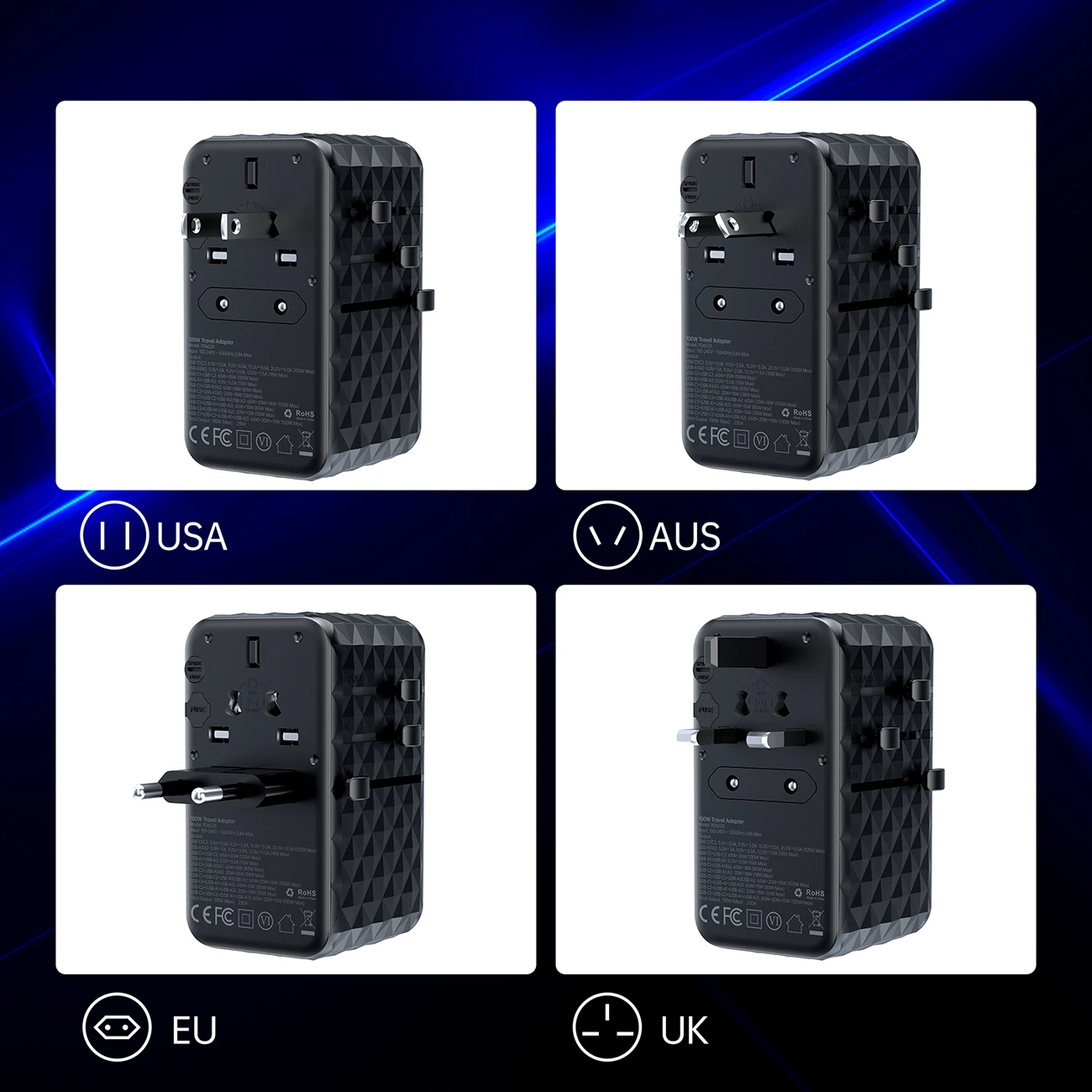 Adapter udhëtimi Choetech PD6028, 4 porta USB (2x USB-C, 2x USB-A), 100W, i zi