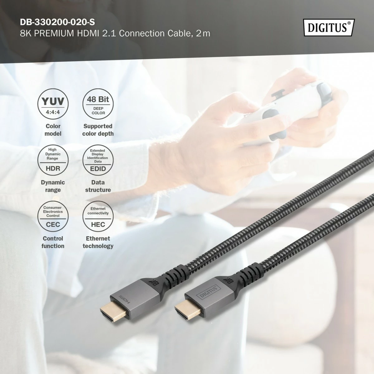 Kabllo HDMI Digitus DB-330200-020-S Ultra High Speed 2m, 8K, E zezë/Gri