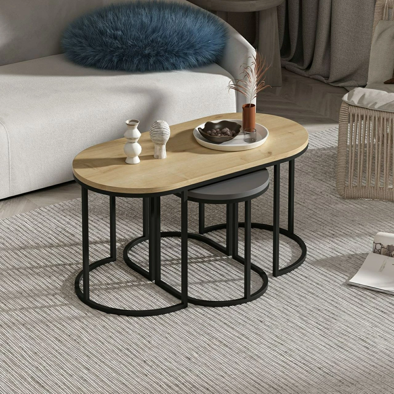 Set tavolinash të vendosshme Hanah Home, Dena, antracit dhe lis, 3 copë