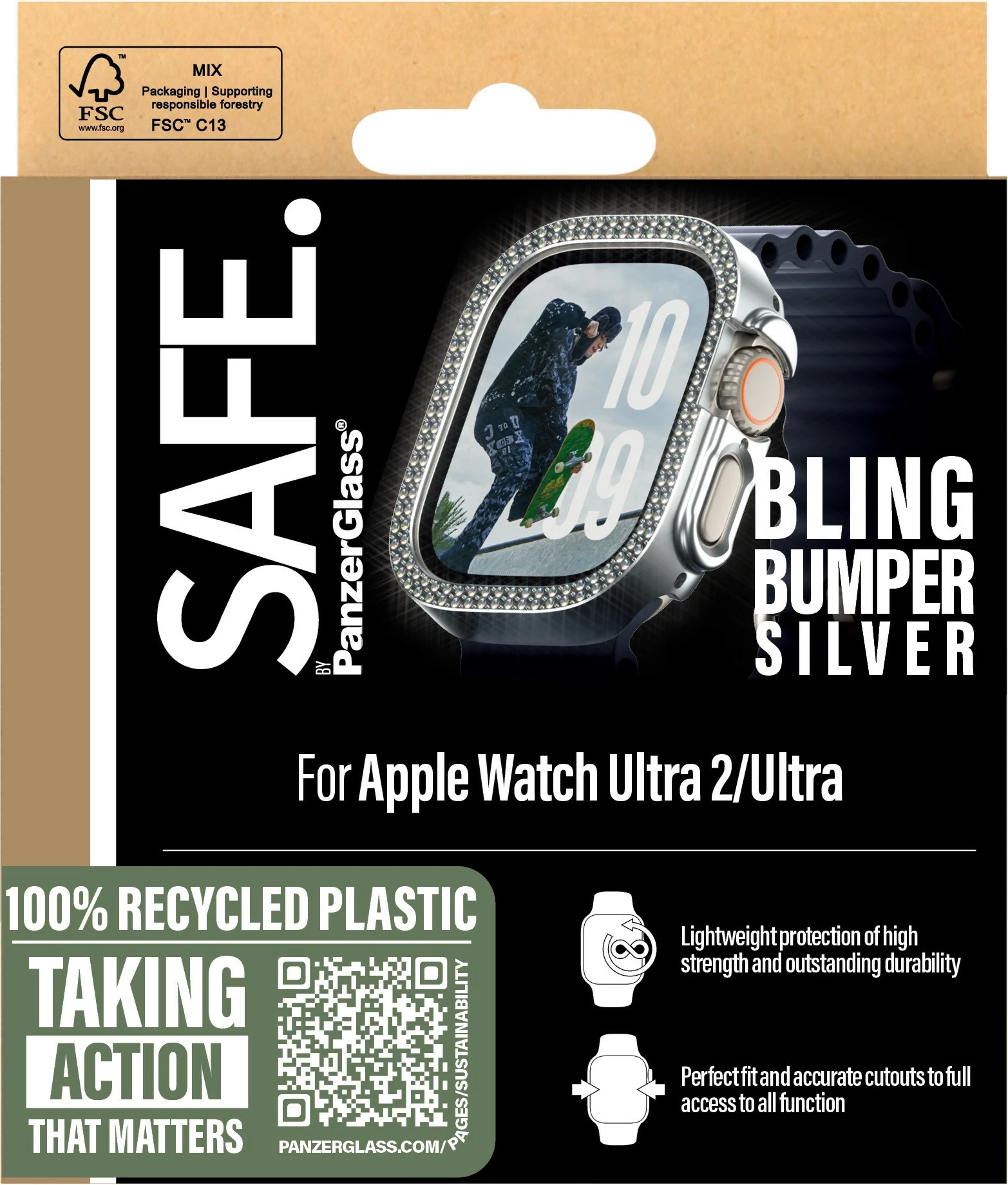 Mbështjellës PanzerGlass SAFE Bling Bumper për Apple Watch Ultra 2, transparent, silver