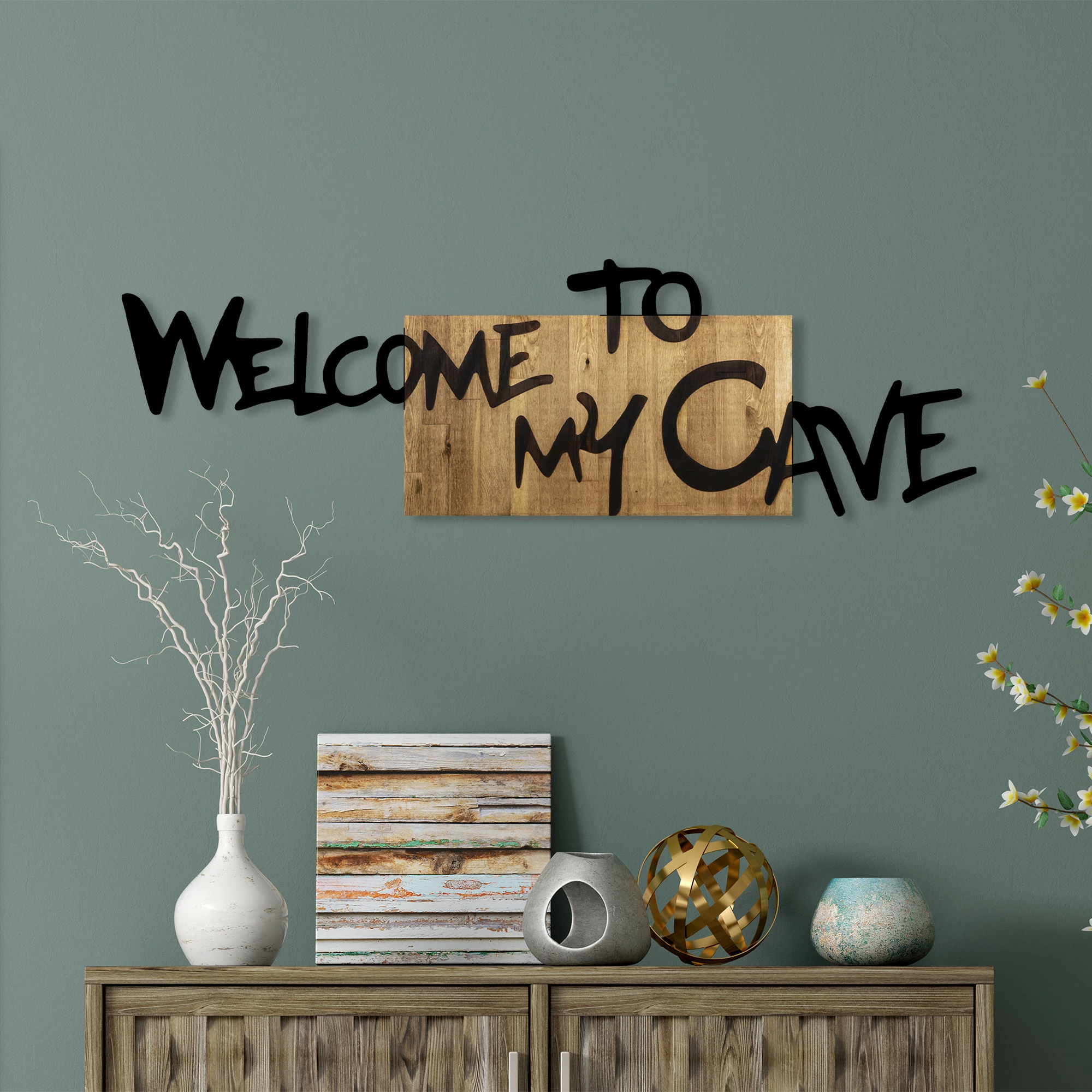 Aksesor dekorativ për mur, dru dhe metal, ngjyrë arre dhe e zezë, Welcome To My Cave, Wallity