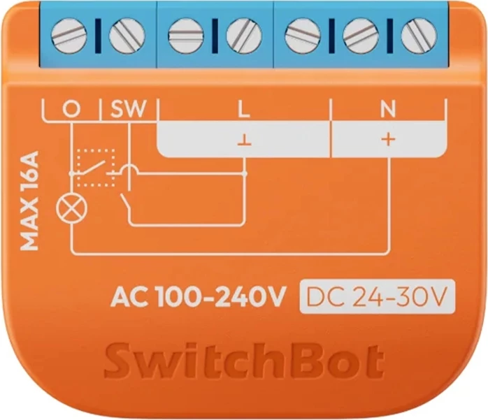 Switch i mençur, SwitchBot, Relay Switch 1PM, Wi‑Fi + Bluetooth, Matter, matje energjie 16A, AC 100‑240V / DC 24‑30V, portokalli