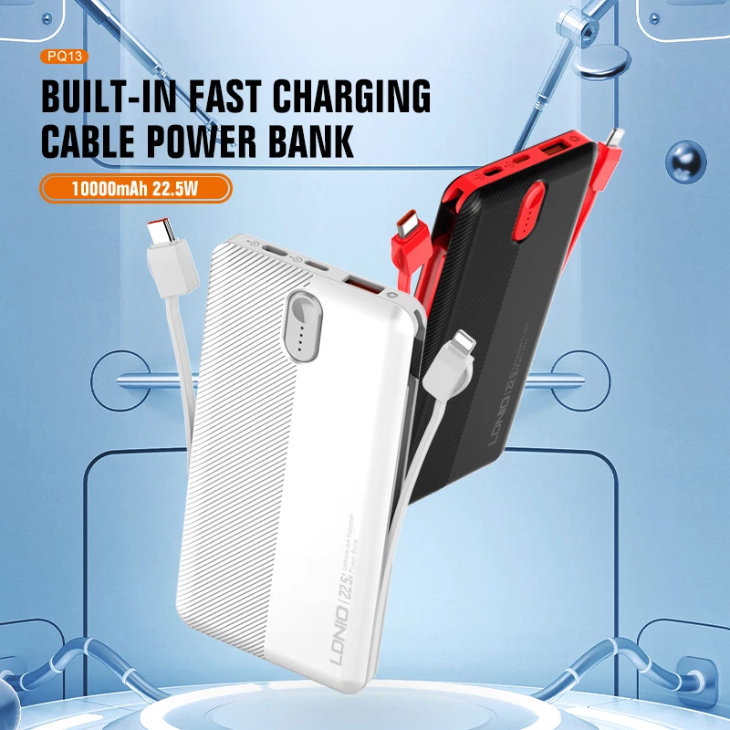 Power bank LDNIO PQ13 10000mAh 22.5W me kabllo të integruara USB-C + Lightning (1C1L) dhe 1x USB-A, e bardhë