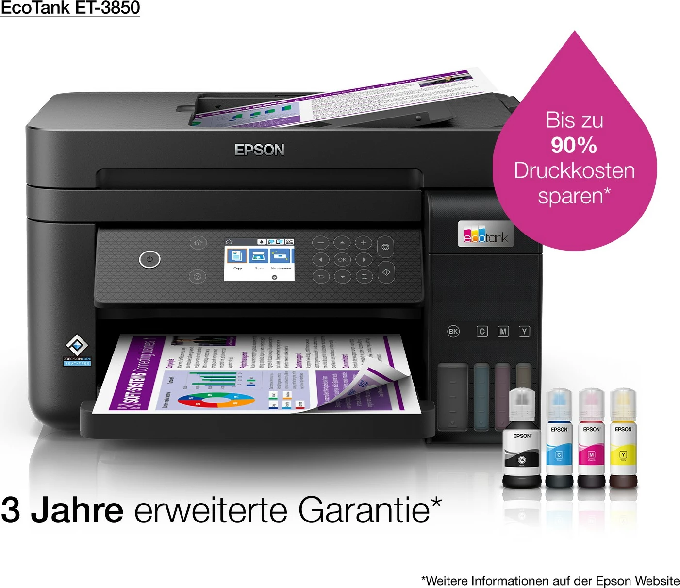 Printer multifunksional Epson EcoTank ET-3850, ngjyrë, A4, Wi-Fi, LCD, i zi