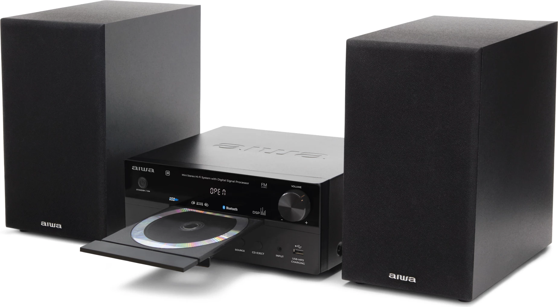 Sistem mini stereo Hi‑Fi Aiwa MSBTU-550 50W RMS me CD, Bluetooth 5.0, FM, USB, set me 2 altoparlantë, e zezë