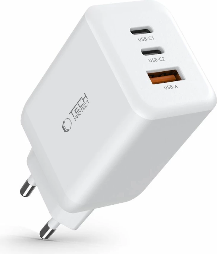 Karikues rrjeti Tech-Protect C65W, 2x USB-C PD 65W / USB-A QC 3.0, Bardhë