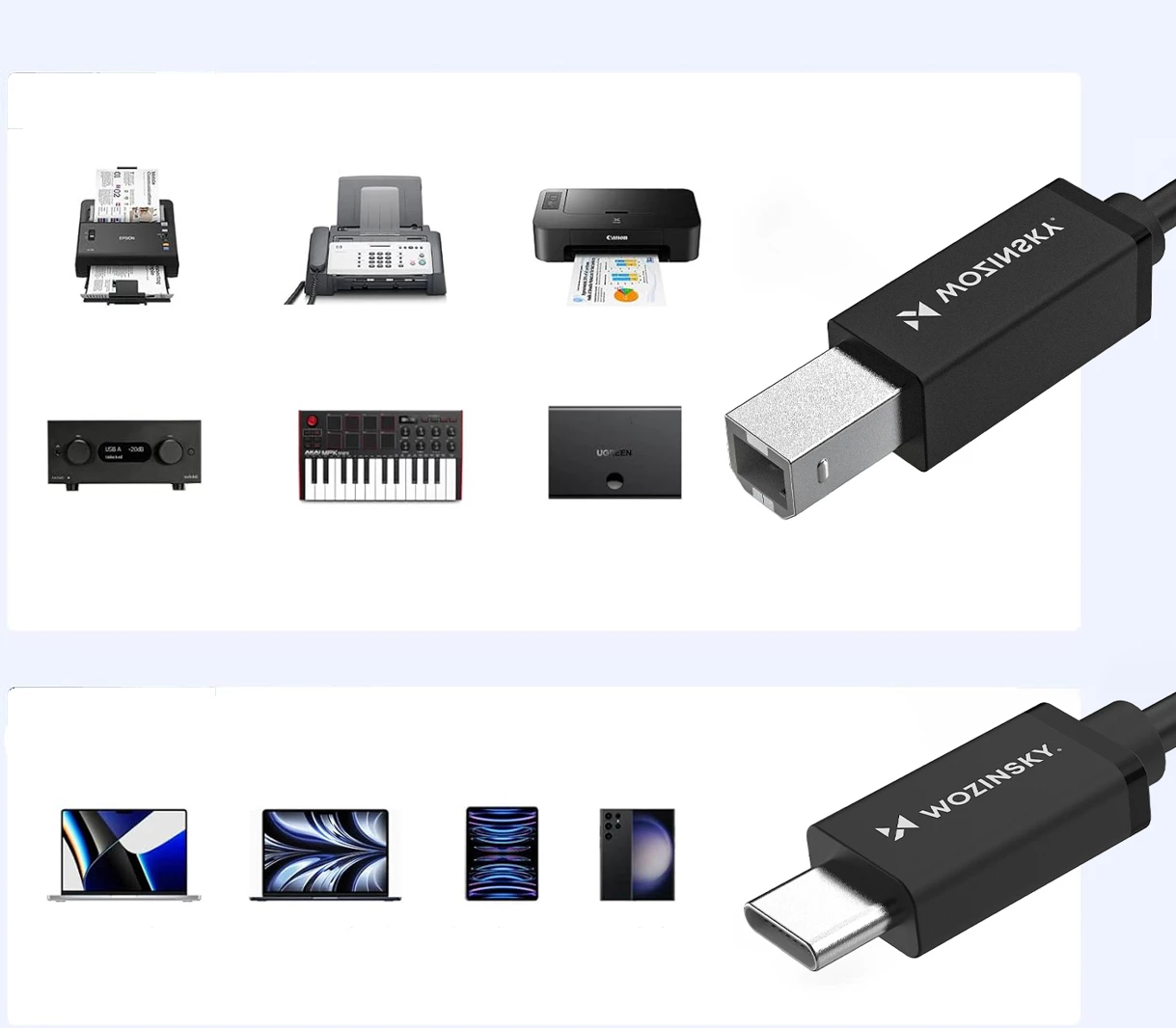 Kabllo, Wozinsky, WKDDY2S, USB‑C në USB‑B, 2 m, USB 2.0 480 Mb/s, e zezë
