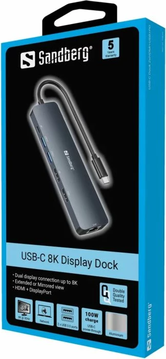 Docking station USB-C Sandberg 136-43, 8K, HDMI + DisplayPort, 2x USB 3.0, RJ45, USB-C PD 100W, gri e errët