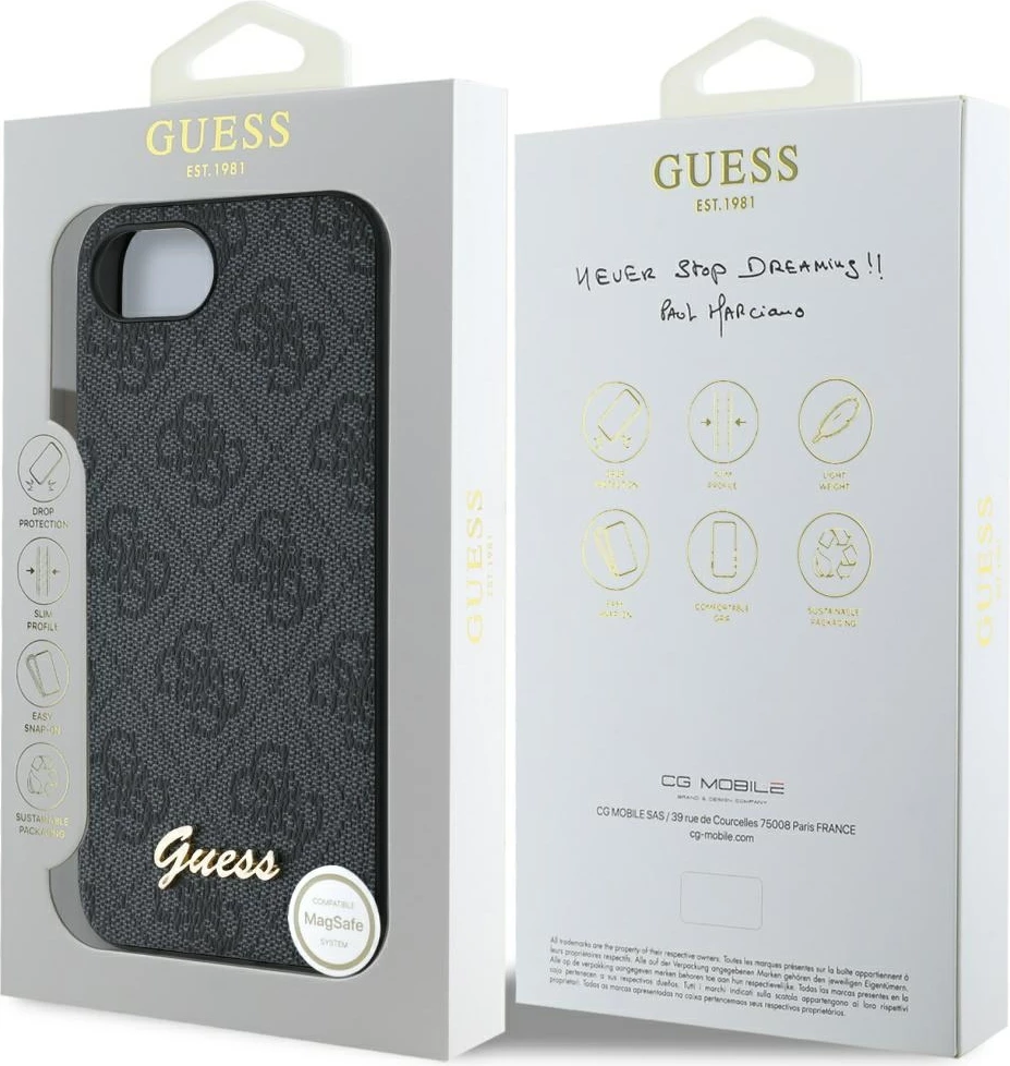 Mbështjellës, Guess, 4G Script Logo MagSafe, për iPhone 16e, hardcase TPU/PC, me MagSafe, i zi
