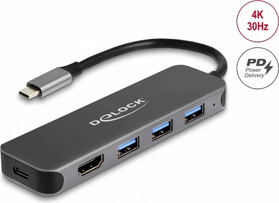 USB-C Hub DeLOCK 3x USB-A + HDMI 4K 30Hz + USB-C PD 85W, gri