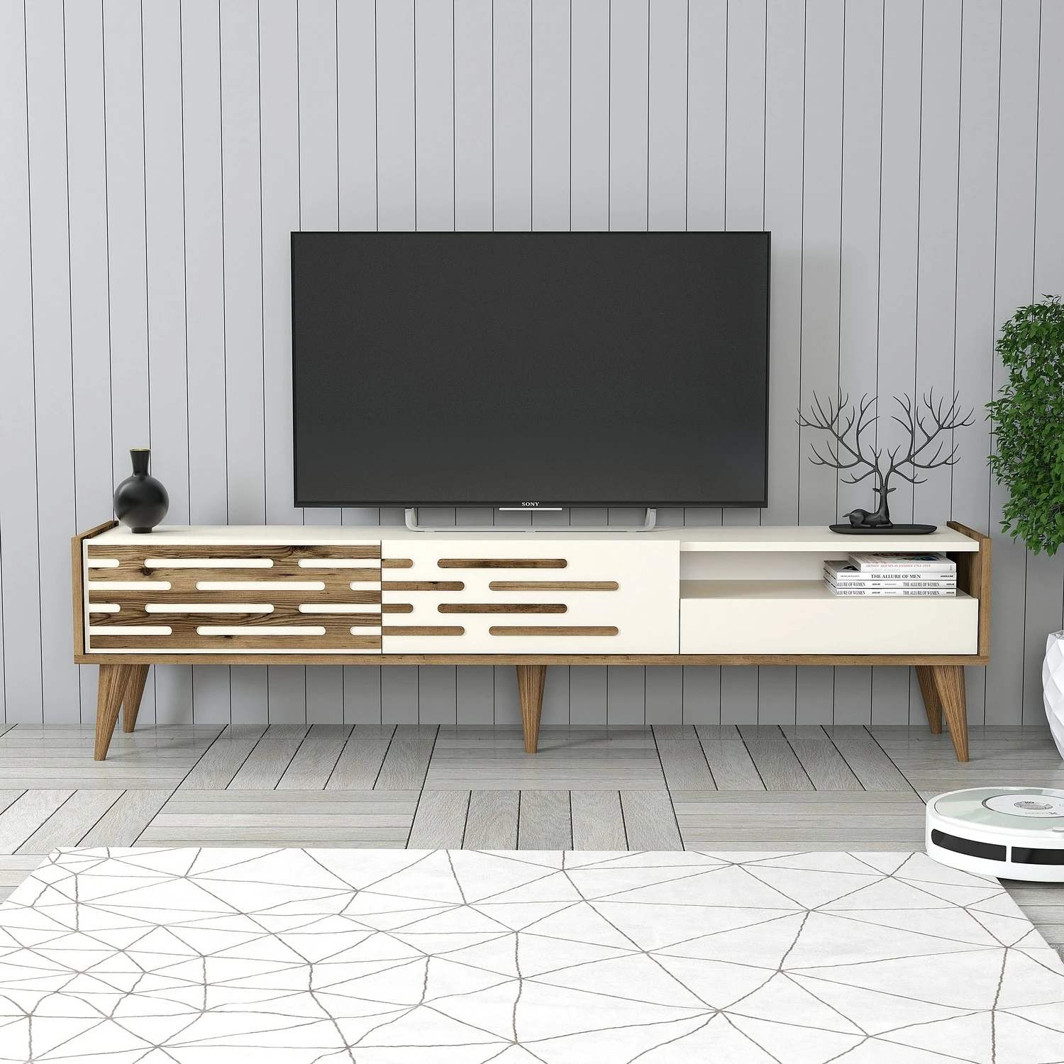 Komodë TV Skye Decor, Valensiya, ngjyrë arre dhe krem