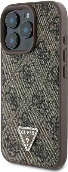 Mbështjellës Guess 4G Triangle Strass për iPhone 16 Pro, MagSafe, Kafe