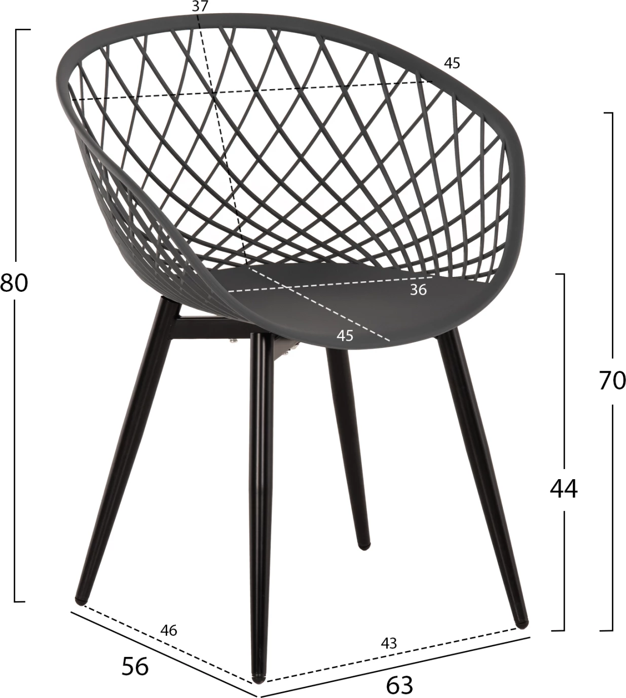 Karrige me krahë ARIADNE FH8001.30, ngjyrë gri, polipropilenë, këmbë metali të zeza, 63x56x80H cm, set prej 4 copë