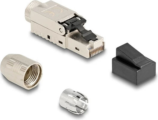 Konektor RJ45 DeLOCK Cat6a, montim pa vegla, me glandë kablli dhe kapak pluhuri, argjend