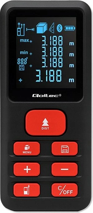 Matës distance me laser Qoltec 120m, LCD me ndriçim, IP54, memorie 99, i zi/kuq