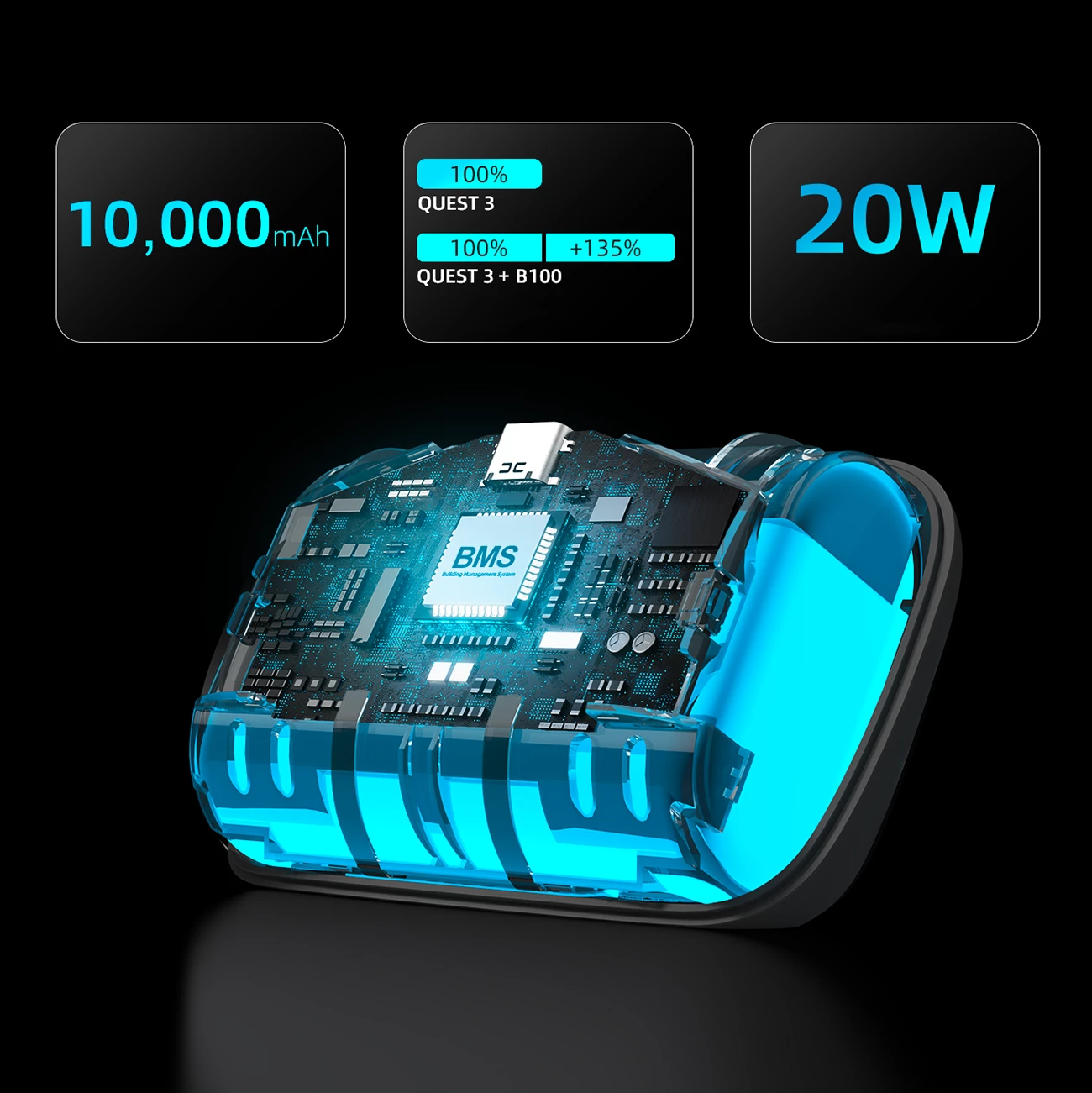 Rrip koke për VR, BoboVR S3 Pro, për Meta Quest 3, me ftohje me ventilator, bateri B100 10000 mAh, bardhë e zi