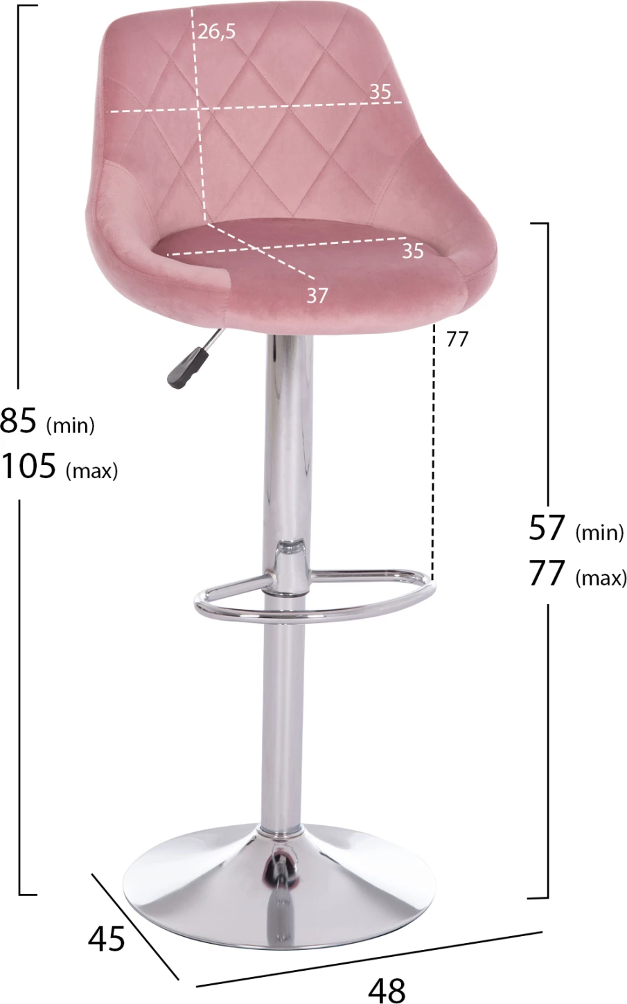 Karrige për bar ROSE, kadife rozë e zbehtë, bazë e kromuar, set prej 2 copë, 48x45x105cm