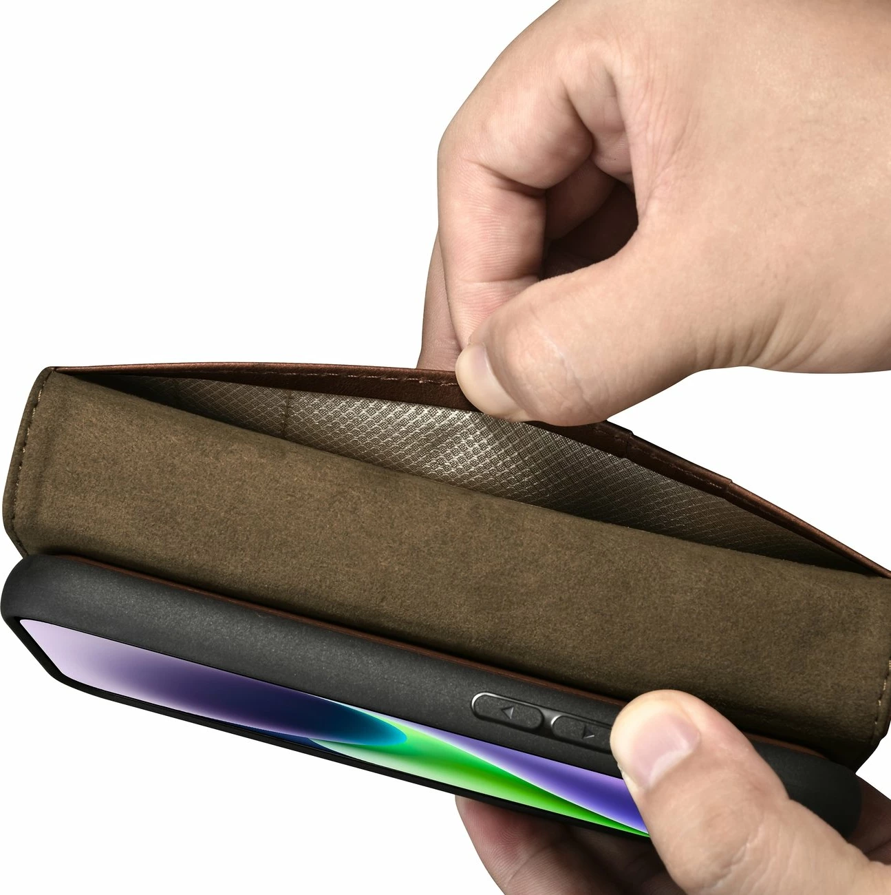 Mbështjellës iCarer Oil Wax Wallet 2in1 për iPhone 14 Plus, lëkurë natyrale, Anti-RFID, Kafe