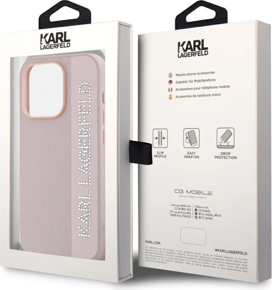 Mbështjellës Karl Lagerfeld Saffiano Rhinestones & Charm për iPhone 15 Pro, Rozë
