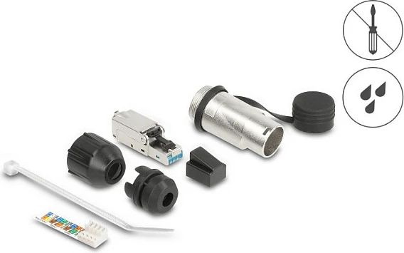 Konektor RJ45 DeLOCK Cat6A, field-terminable, IP66, me kapak mbrojtës