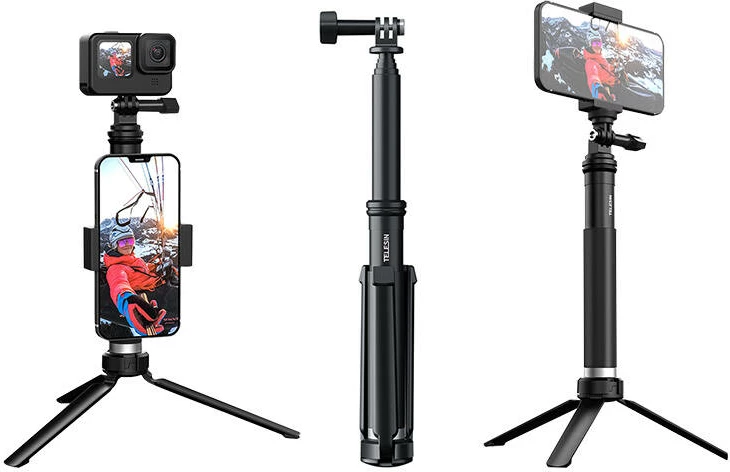 Selfie stick me tripod Telesin GP-MNP-090-S për kamera sportive dhe telefon, i zi
