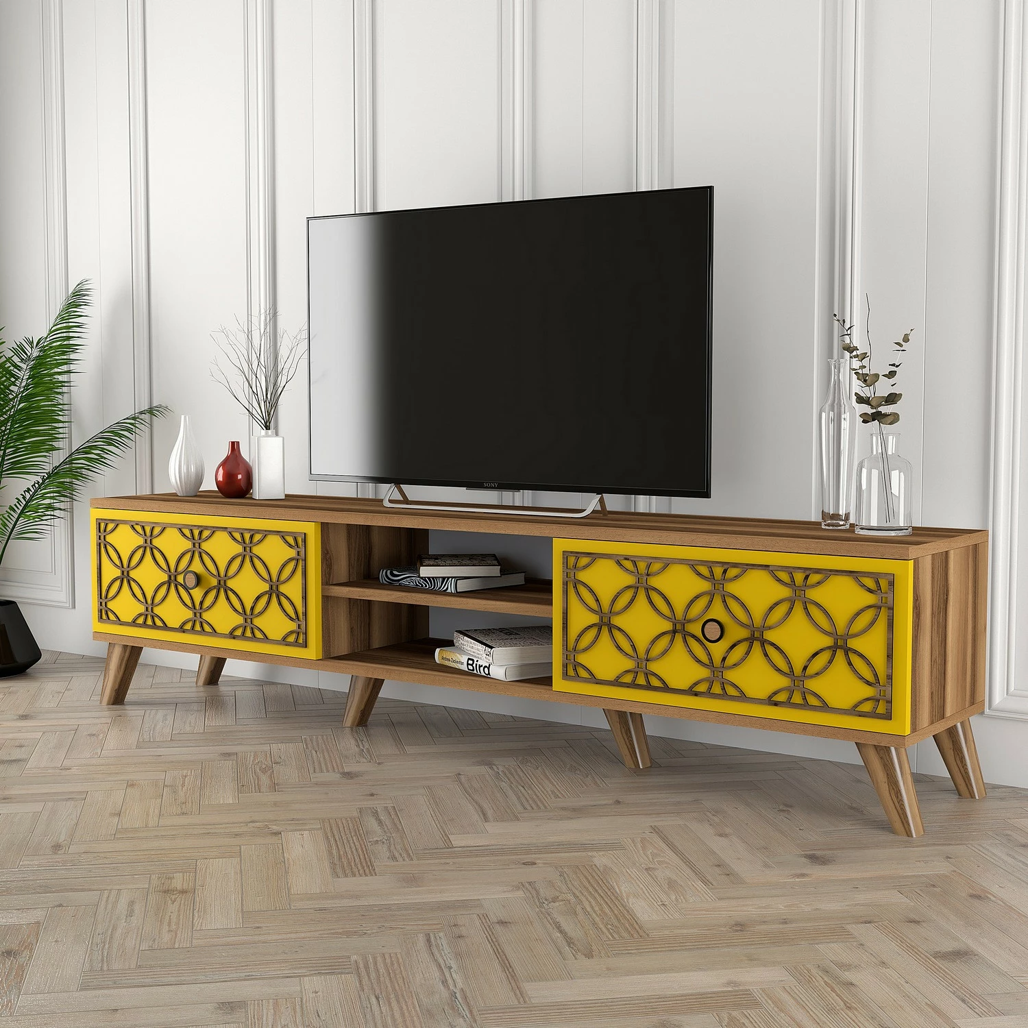 Komodë TV Hanah Home, Class, ngjyrë arre dhe e verdhë