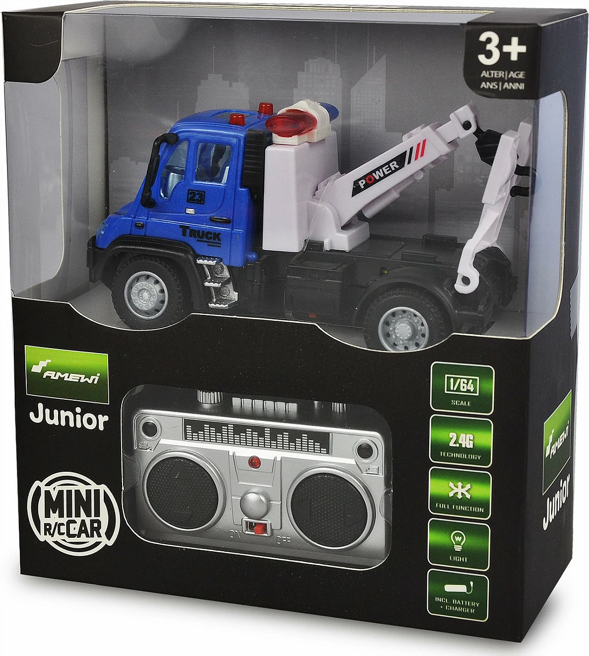 Kamion lodër me telekomandë AMEWI Mini Truck 1:64, bateri 500 mAh, me drita, blu/bardhë