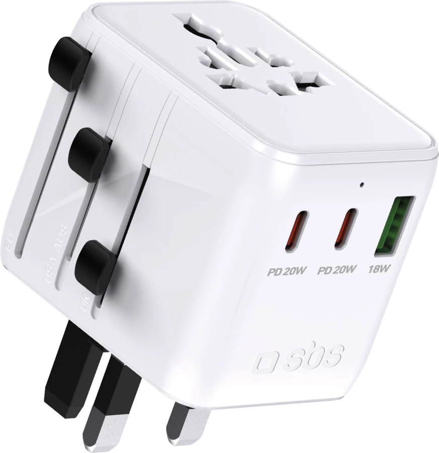 Adapter udhëtimi universal, SBS, me 2x USB-C PD 20W dhe USB-A 18W, 2500 W 10 A, priza EU/UK/US/AU/JP, e bardhë