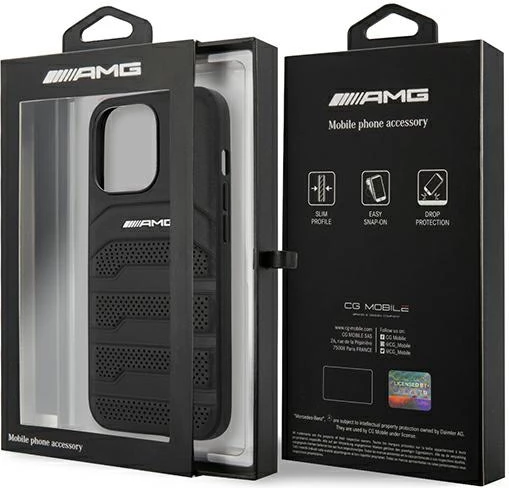 Mbështjellës Mercedes-AMG AMHCP13XGSEBK për iPhone 13 Pro Max 6.7\" hardcase lëkurë Debossed Lines, i zi