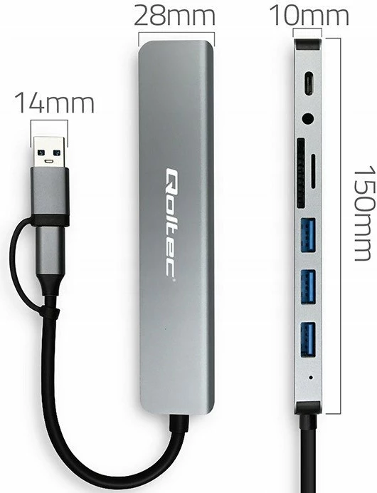 Hub USB-C/USB Qoltec 53794 8-në-1, 4x USB-A 2.0/3.0, USB-C, SD/TF, 3.5mm, 5 Gbps, gri grafit