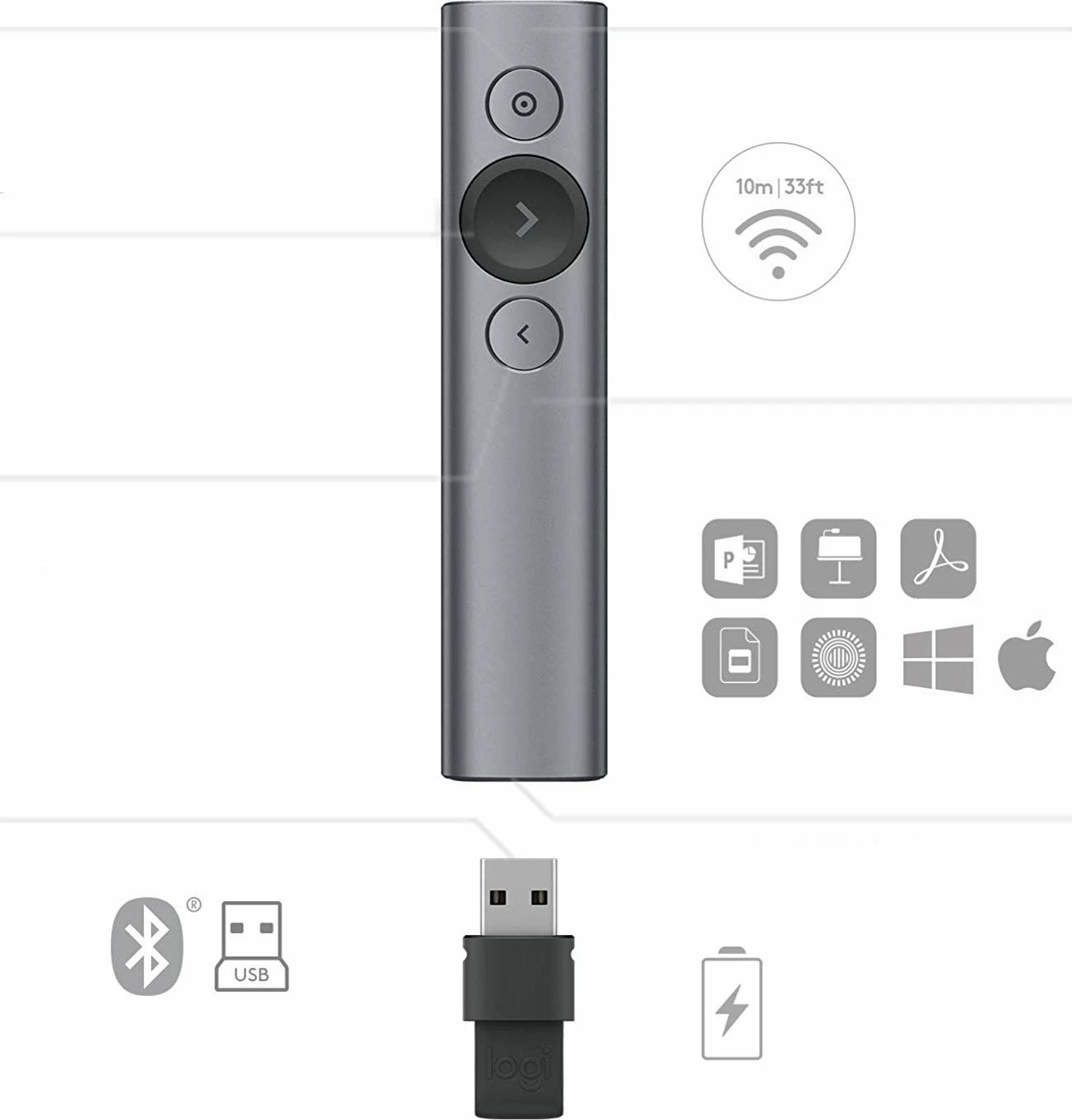 Telekomandë prezantimi Logitech Spotlight 910-004861 30 m Bluetooth/2.4 GHz me kasë, argjendtë