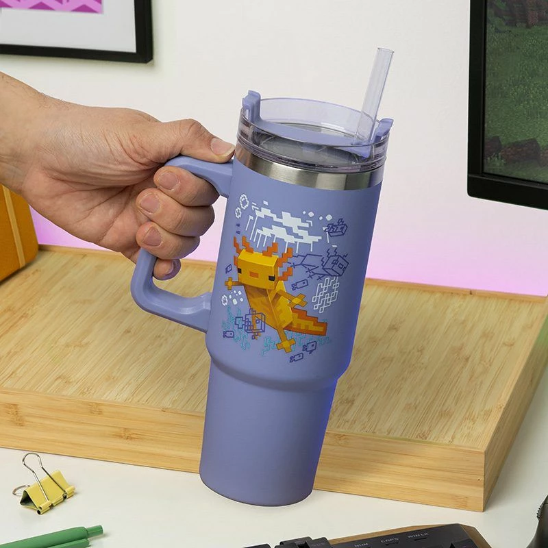 Gotë termike udhëtimi Paladone Minecraft XL 900 ml me pipëz, vjollcë