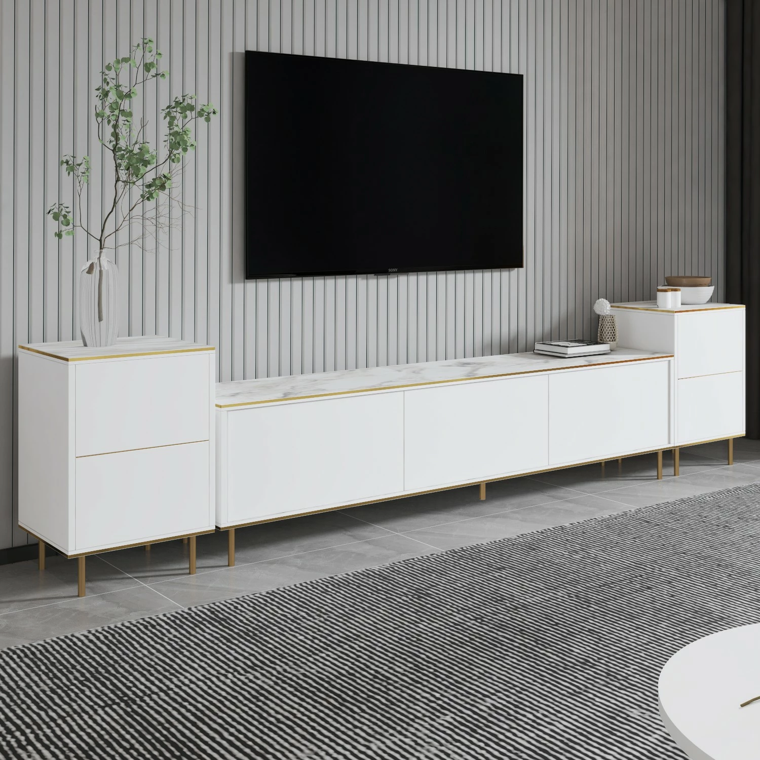 Komodë TV Hanah Home, imitim mermeri i bardhë, ari