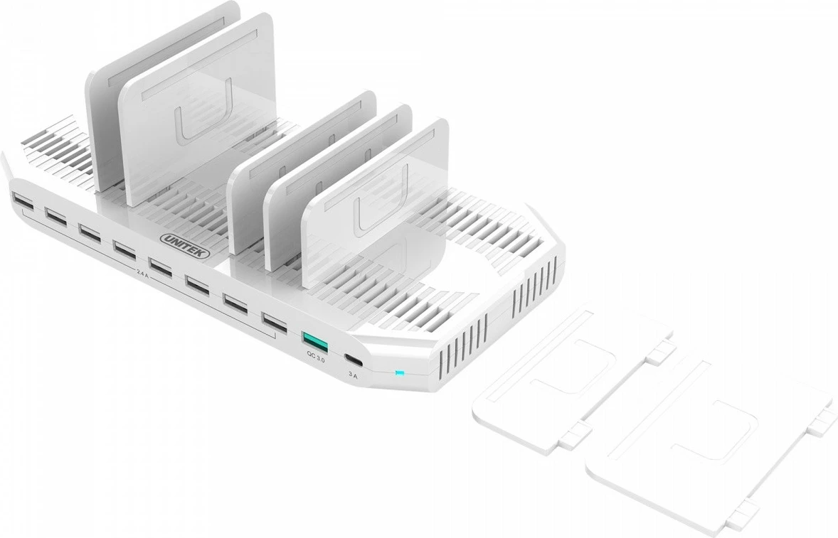 Stacion karikimi Unitek Y-2190, 10 porta USB, QC3.0, USB-C, Bardhë
