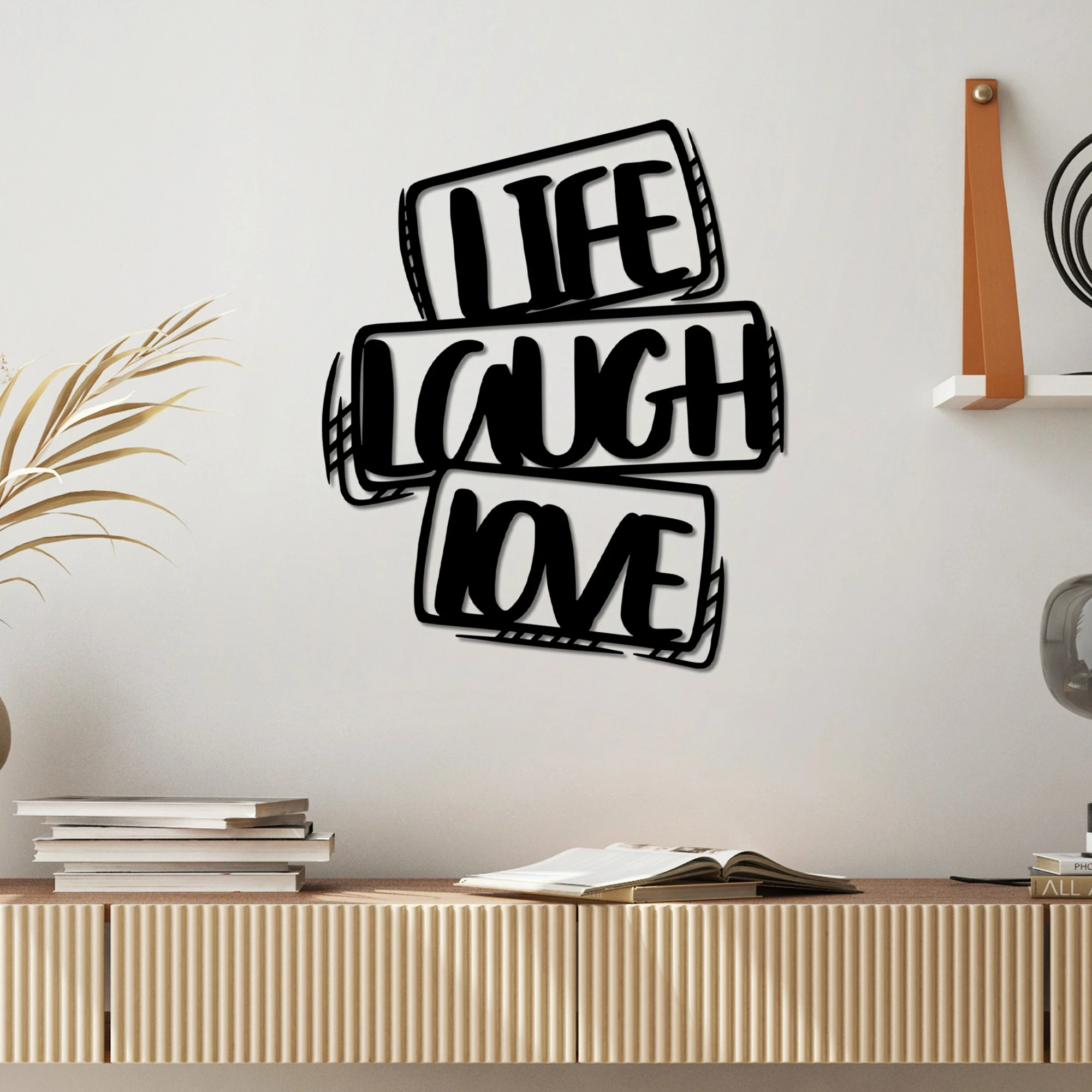 Aksesor dekorativ metalik për mur, Life Laugh Love, ngjyrë e zezë, 40x47cm