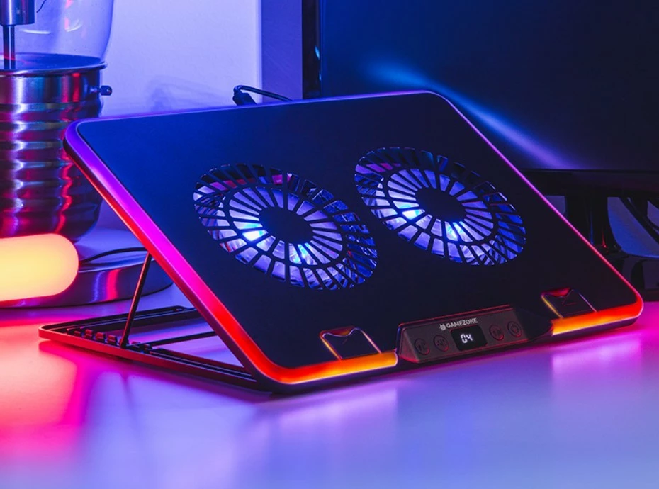 Bazë ftohëse laptopi, Tracer, GameZone Snowman PRO TRASTA47590, për 17.3 inch, 2 ventilatorë 90 mm 1350 RPM, 6 nivele rregullimi, ekran shpejtësie, RGB, 2x USB, e zezë