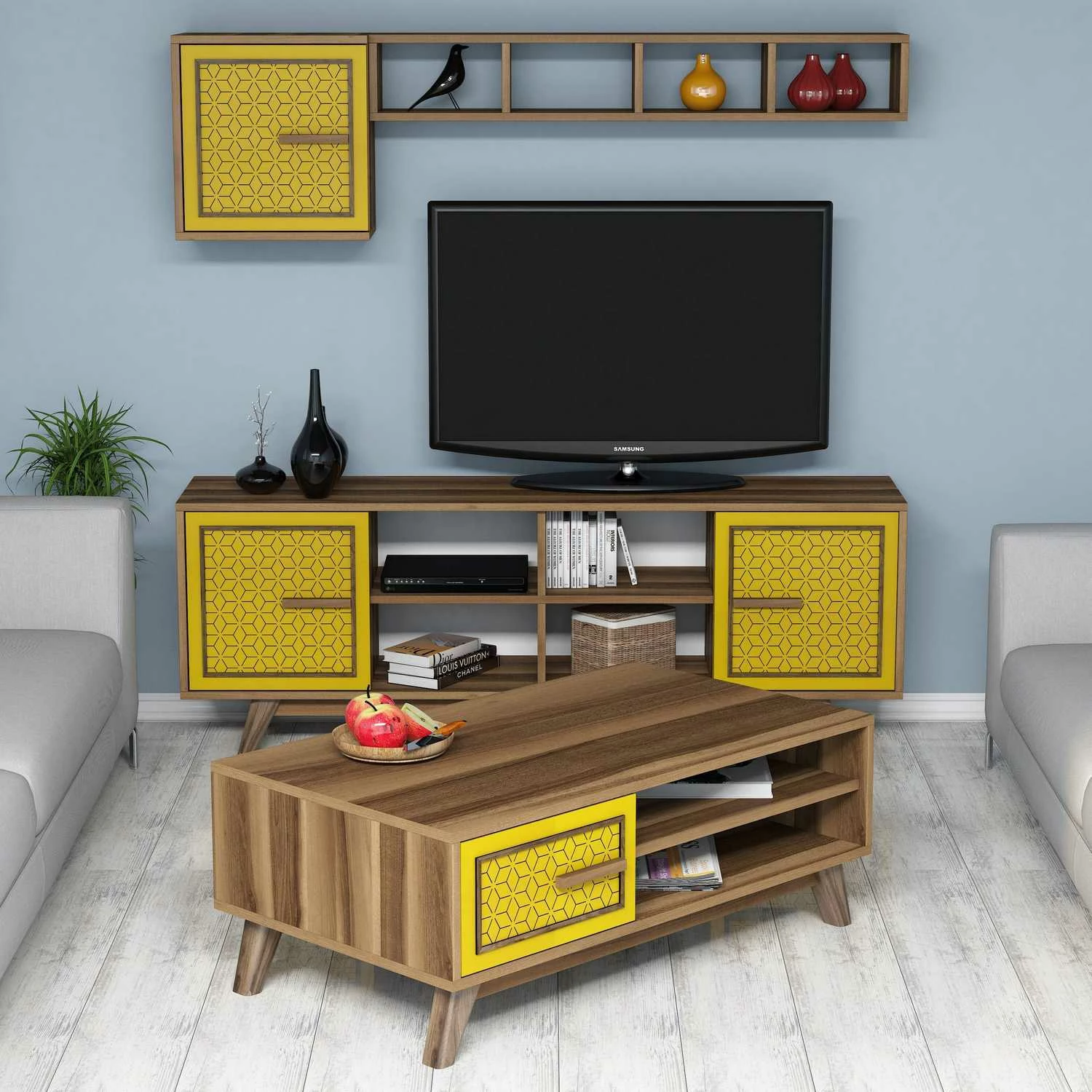 Set mobiljesh për dhomë dite, dizajn lulesh, ngjyrë arre dhe e verdhë, Skye Decor Ayla