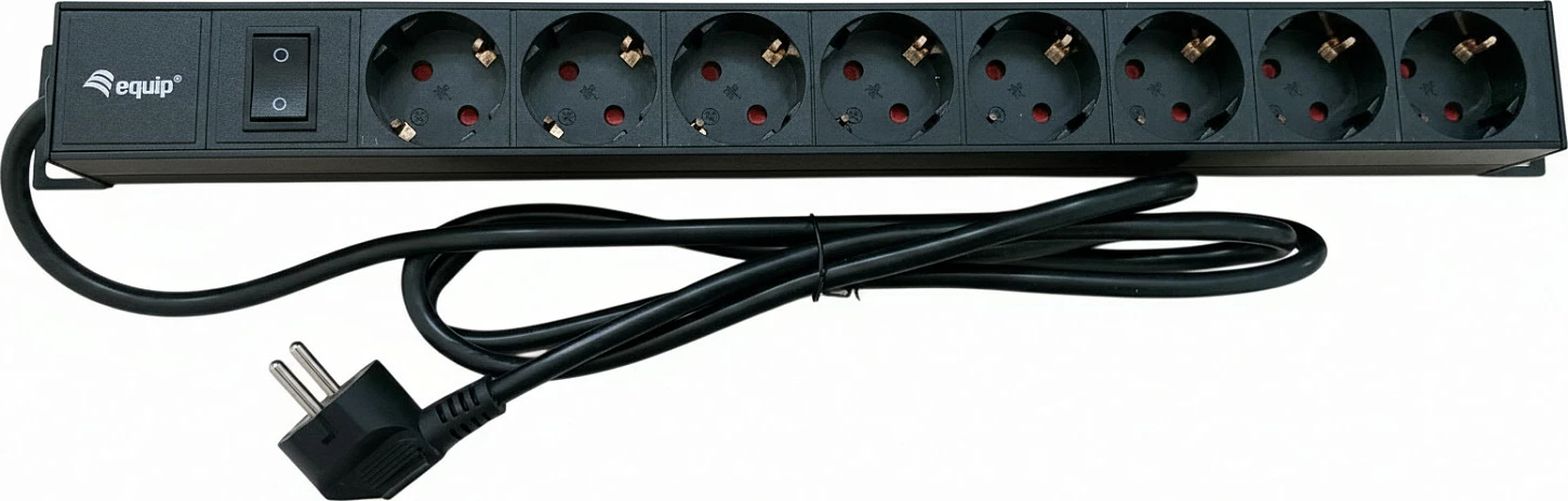 Shirit prizash rack 19" Equip, 8x Schuko, me switch, CEE7/7 90°, argjend/zi