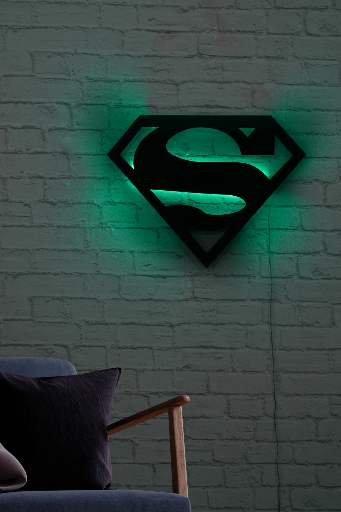 Dritë dekorative LED, Superman, ngjyrë e gjelbër, bazë MDF e zezë, 52x40cm
