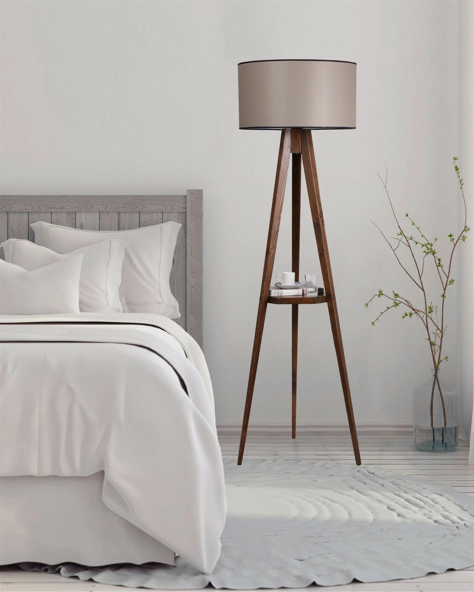 Llambë dyshemeje Opviq, tripod, ngjyrë arre, me rafte, Sehbalı Tripod Ceviz Lambader Silindir 82 Abajurlu