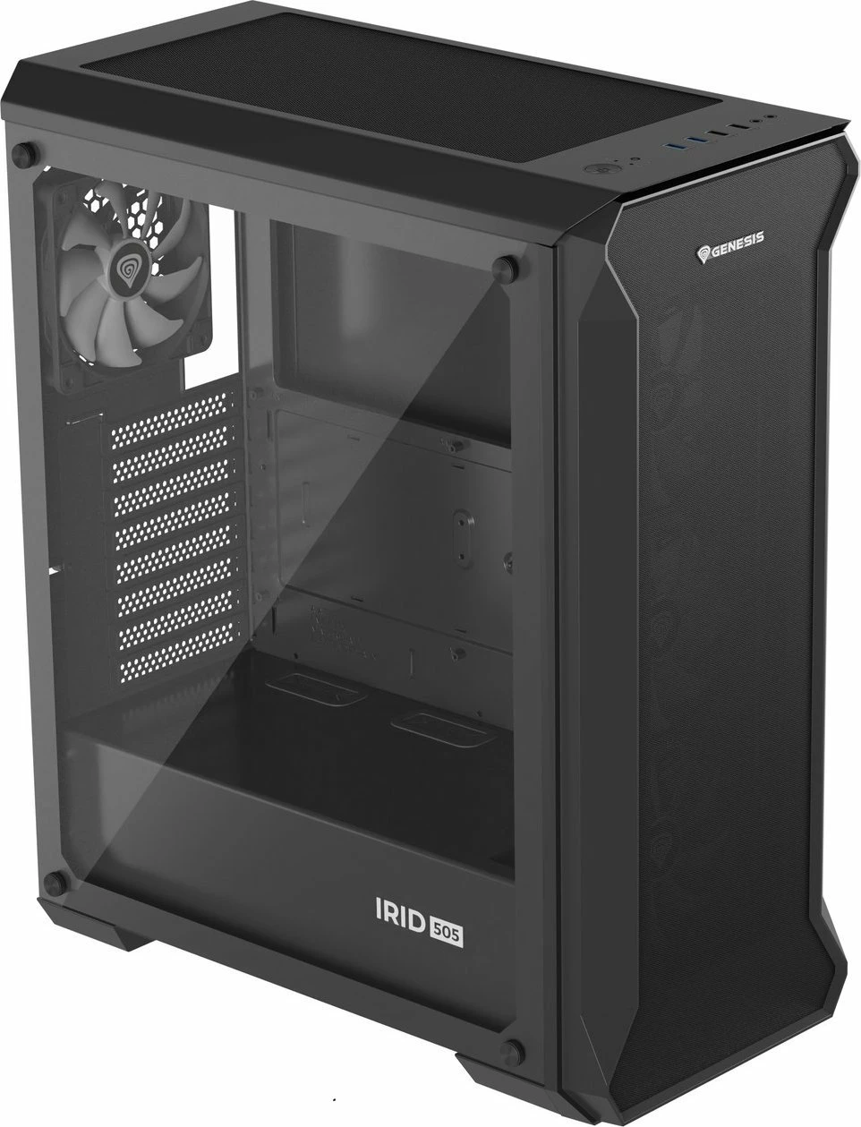 Kasë GENESIS Irid 505 ARGB V2 NPC-1518 Midi Tower ATX/Micro ATX/Mini-ITX, 4x120mm ARGB fan, xham i kalitur, e zezë