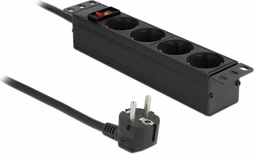 Zgjatues rryme DeLOCK 1U, 4 prizë Schuko, me ndërprerës, 1.5 m, 3500 W, i zi