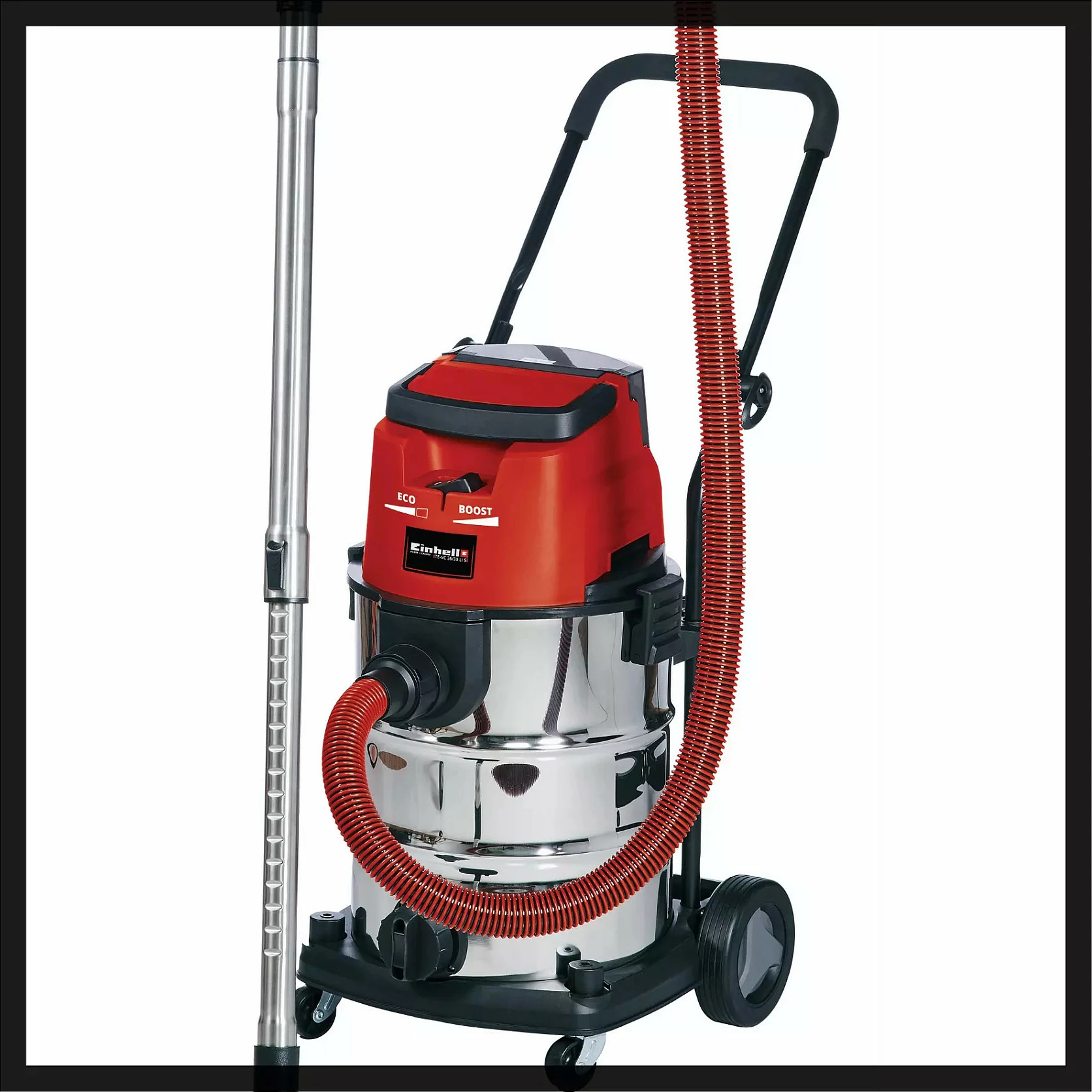 Fshesë me kova Einhell TE-VC 36/30 Li S-Solo, 30L, pa kabllo, pastrim i lagësht dhe i thatë, e zezë/e kuqe/e hirtë