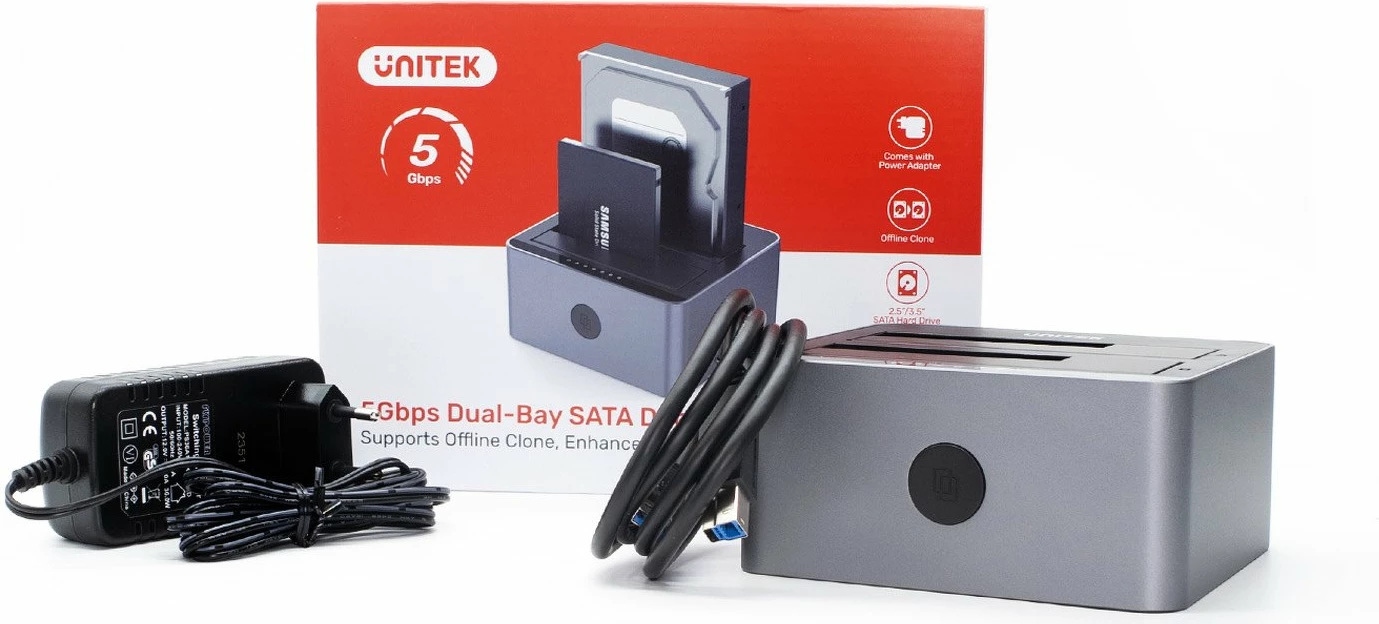 Stacion klonimi/dokimi disqesh Unitek Y-3026GY01-EU, 2x SATA 2.5\"/3.5\", USB 3.2 Gen 1 5Gbps, klonim offline, gri, set me kabllo USB-A dhe adapter 12V 3A