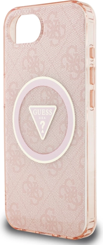 Mbështjellës Guess IML Metal Glitter 4G Circle Triangle MagSafe për iPhone 16e, Rozë