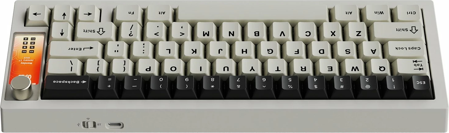 Tastierë mekanike gaming Krux Drox KRXA001 65% US ANSI, ARGB, hot-swap, USB-C/Bluetooth/2.4GHz, Krux Violet (purple), me ekran 2.3", e bardhë/gri