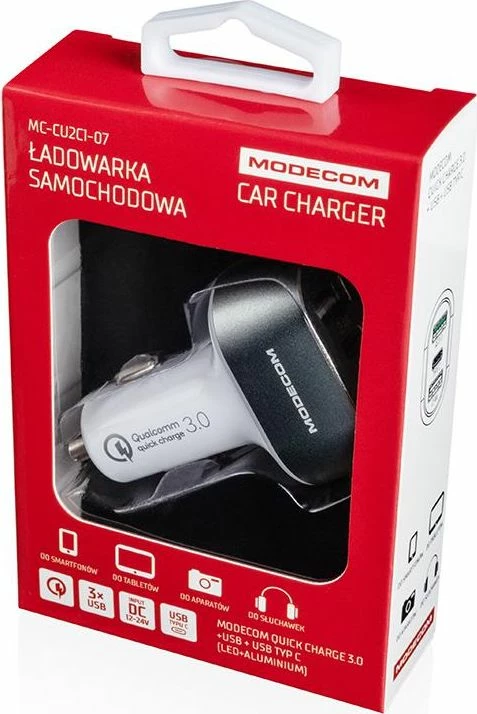 Karikues veture Modecom MC-CU2C1-07, 2x USB-A + 1x USB-C, 2.4A, Quick Charge 3.0, 12/24V, i bardhë
