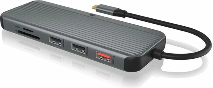 Stacion dokimi USB-C ICYBOX IB-DK4060-CPD, 12-në-1, triple video (2x HDMI + DP), deri 8K@30Hz, 10Gbps, PD 100W, LAN Gigabit, lexues SD/microSD, anthracite