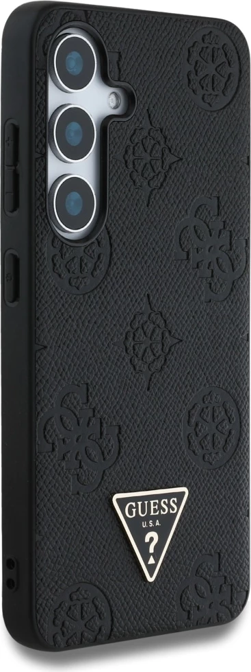 Mbështjellës Guess Grained Hot Stamp Peony Pattern Triangle Logo MagSafe për Samsung Galaxy S25, i zi