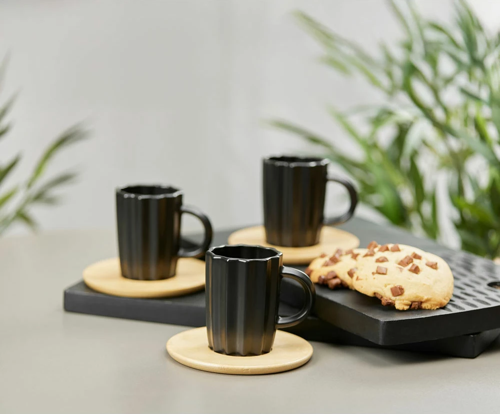 Set filxhanësh espresso Cactus, 6 copë, porcelan i zi, bambu natyral, 27x22x6cm